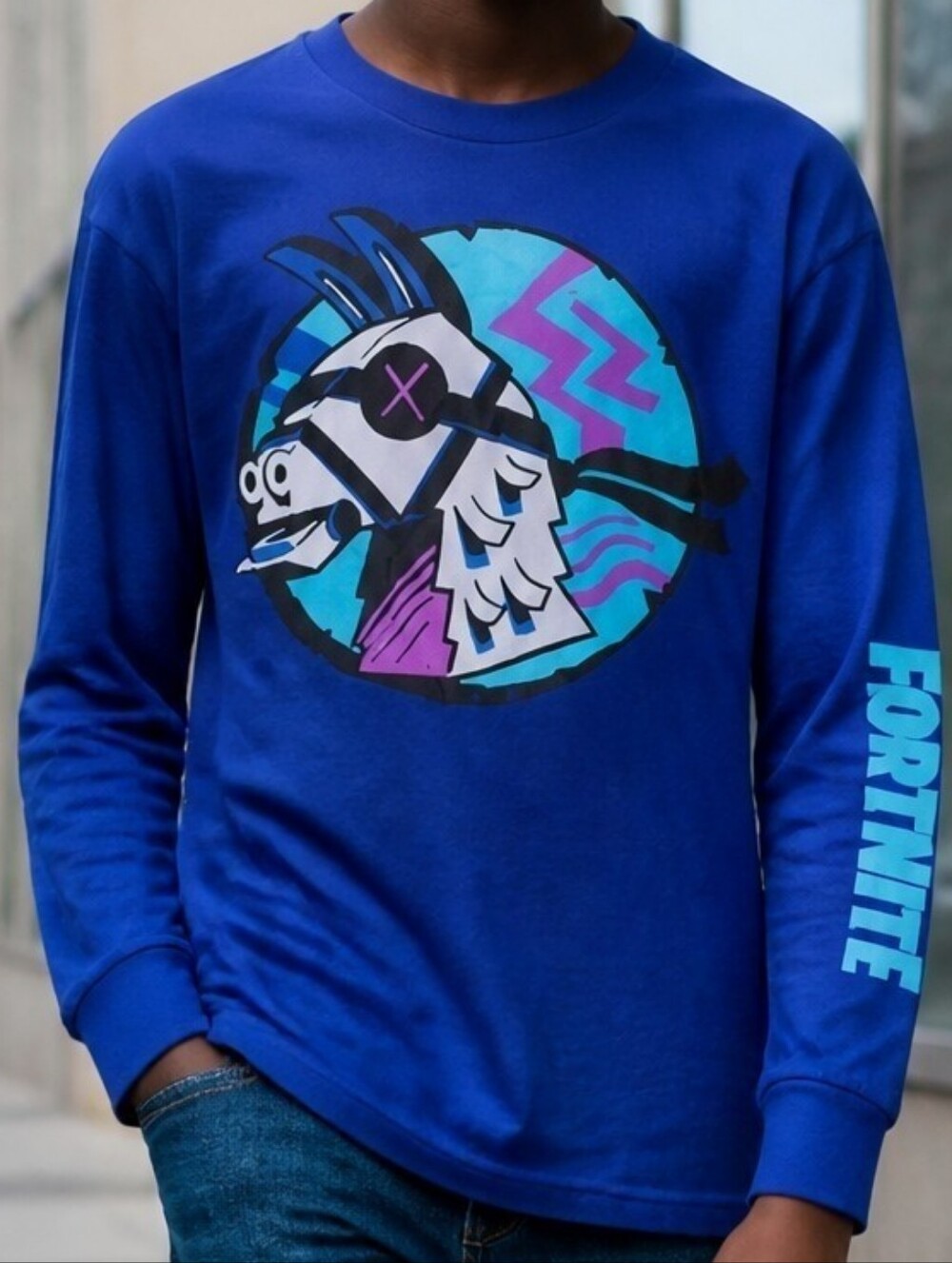 Fortnite Llama Blue Long Sleeve Tee Kids TShirt 10/12 Gamer Streetwear Casual